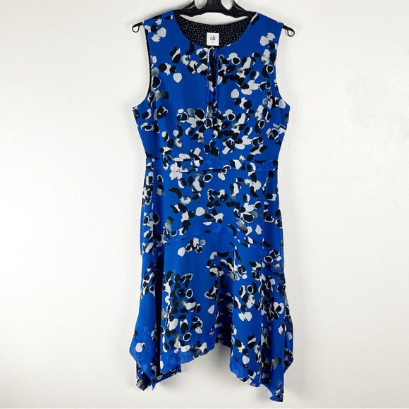 CABI Untamed Electric Blue Floral Handkerchief Hem Polka Dot Lined Dress Medium - Picture 1 of 13